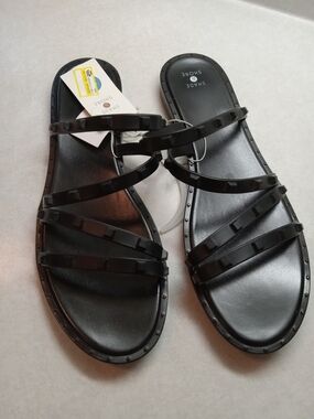 Shade & Shore Women's Black Studded Multi-Strap Slide Sandals